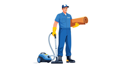 Custodian's Cleaning Service: A professional custodian stands confidently, equipped with cleaning tools and a rolled-up rug, ready to rejuvenate a space with his expertise.  © abidakhatun
