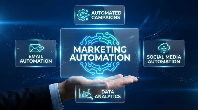 A hand presenting a digital marketing automation concept with various related icons and text on a dark blue background