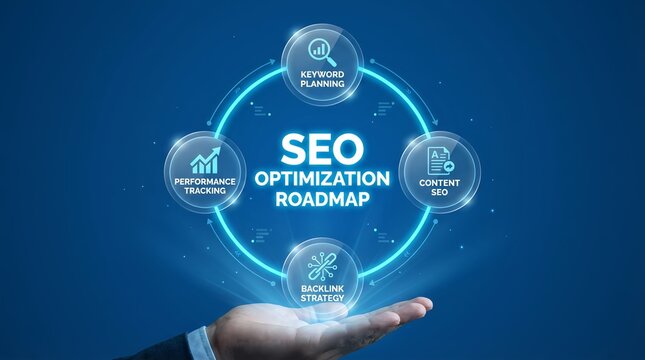 A hand presents a glowing SEO optimization roadmap with key components of keyword planning content creation backlink strategy and performance tracking.