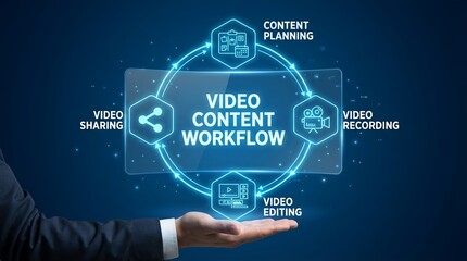 Fototapeta premium A person in a business suit presenting a video content workflow diagram with glowing blue graphics and icons representing content planning video recording editing sharing and management