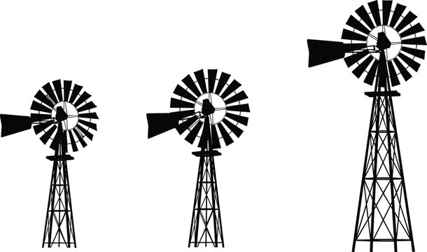 Windmill water pump silhouette set vintage farm wind turbine isolated vector illustration representing rural agriculture energy and countryside technology