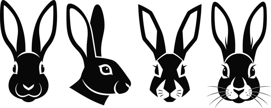 Rabbit head silhouette set with different bunny face styles isolated vector illustration for animal mascot logo design collection