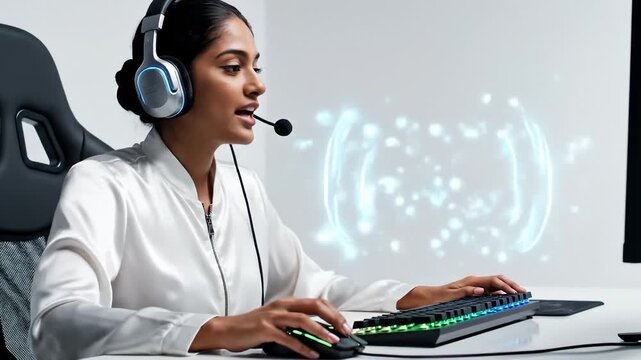 Young Woman Wearing Headset and Gaming Keyboard, Typing and Smiling