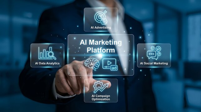 A businessman interacts with an AI marketing platform on a futuristic interface in a modern office setting with various data analytics and optimization tools