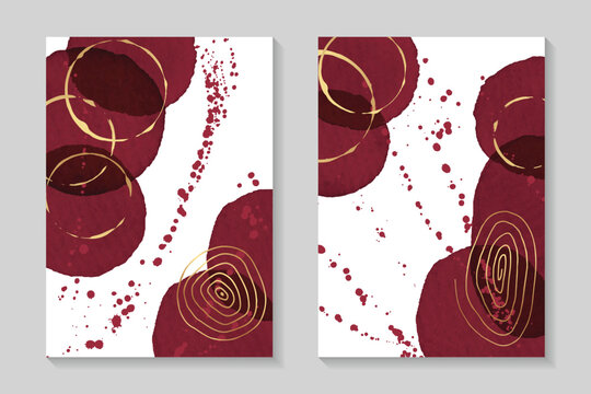 Modern abstract design with red watercolor circle wine stains and gold.Wedding invitations, greeting and business cards, rsvp templates.