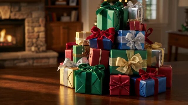 Festive pile of gifts in jewel toned paper and elegant ribbons on a dark wood table with a blurred fireplace glow, ideal for holiday advertisements.
