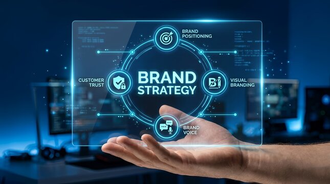 A person holds a transparent screen with brand strategy information in a modern office setting with computers and blue lighting