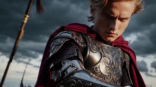 Young knight in ornate armor. Close portrait shows stern hero and warrior. Medieval soldier wears red cape and holds spear. Storm clouds form dramatic sky. Expression conveys strength and resolve.