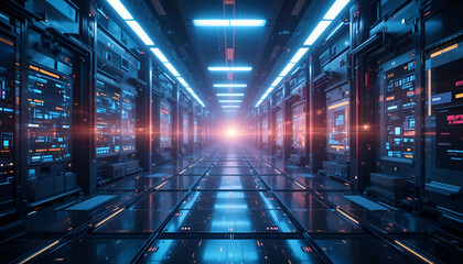Obraz premium Futuristic server room with glowing blue lights and rows of computer servers in a dark high tech data center environment with a bright light at the end