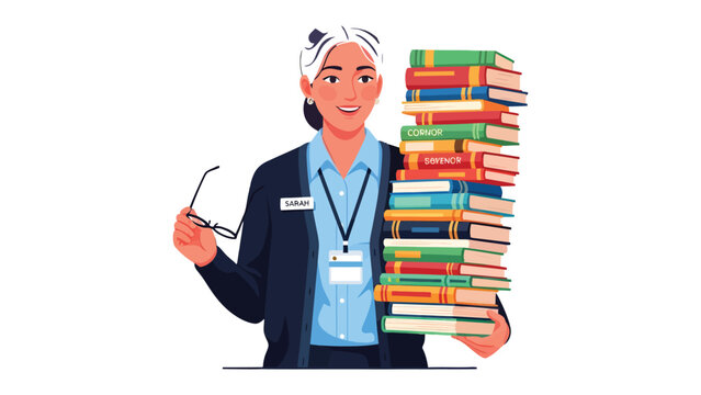 Literary Embrace: A studious woman, armful of literary treasures, holds eyeglasses in her hand. A beautiful woman, holding a tall pile of books, symbolizes knowledge and enlightenment. 