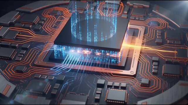 A detailed, futuristic rendering of a microchip on a circuit board with glowing data streams and intricate connections.