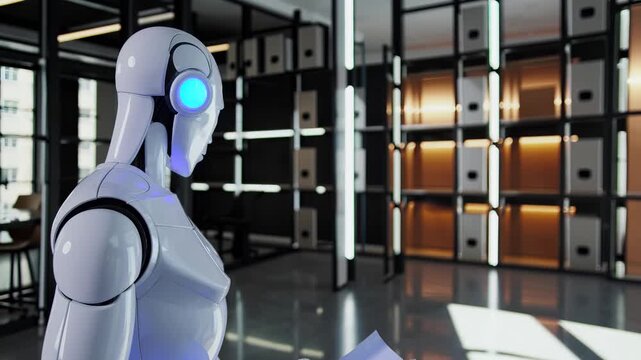 Robot reading tablet in office environment. Humanoid android reviews dataset and reports. Technology and robotics highlights artificial intelligence and automation. Clean shelving and polished floor.