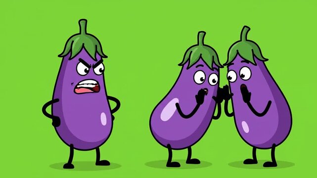 Angry cartoon eggplant confronts two eggplants whispering gossip on green screen backdrop animated vegetables and funny characters animated food background loop