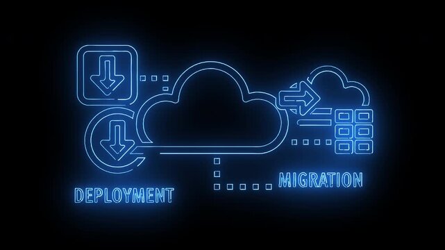 Neon-lit illustration of a cloud computing concept with deployment and migration icons on a black background.