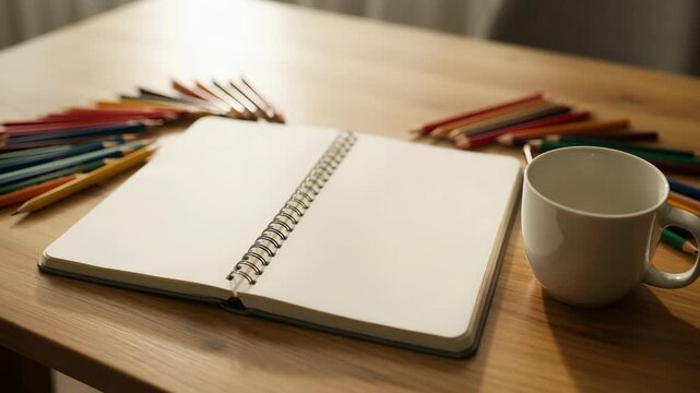 Open spiral notebook and colored pencil wooden table with natural light, creative workspace, blank page, art supply, education, drawing