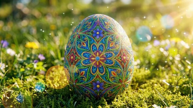Highly detailed vibrant Easter egg featuring a complex colorful pattern resting gently on lush thick green grass, ideal for spring holiday commercials.