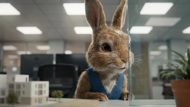 Hyper realistic expressive bunny character with genuine anatomical details communicating joyfully in a pristine studio, ideal for Easter 3D animations.