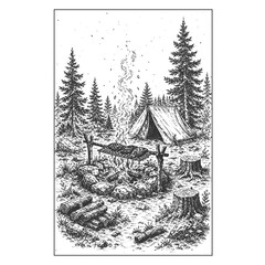 Obraz premium Vintage Hand-Drawn Camping Adventure Illustration in the Woods