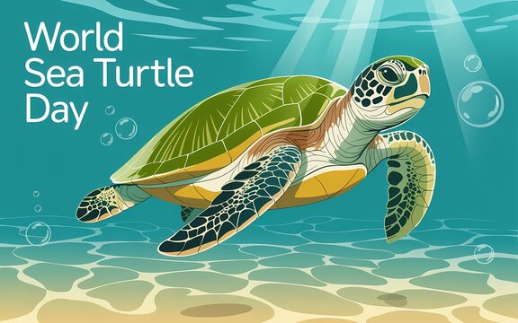 A sea turtle moves calmly through clear blue water while the visible text World Sea Turtle Day