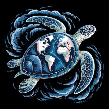 Earth themed sea turtle illustration with global map shell and swirling blue wave patterns