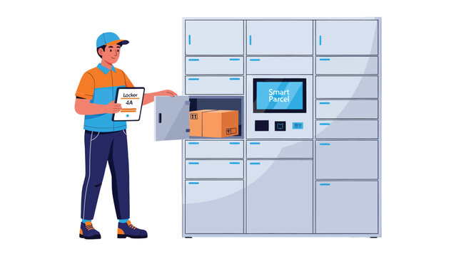 Smart Parcel Delivery: A delivery person accesses a package within an automated locker system, showcasing efficient and secure logistics, symbolizing modern convenience and streamlined services.