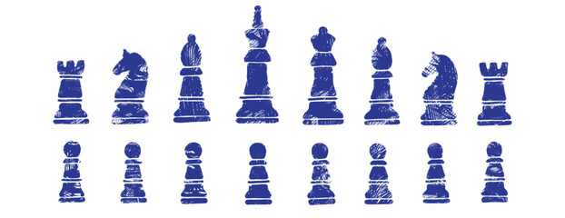 Indigo blue linocut chess piece vector set. Strategy game icons in block print style, rustic woodcut king, queen and pawn illustration. Hand drawn business strategy and competition concept art © Maria Petrish