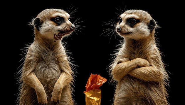 Two meerkats standing together, one with chocolate on its face being caught by a grumpy friend, cinematic lighting on black background.