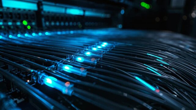 Futuristic Fiber Optic Data Flow in Dark Cloud Server Rack