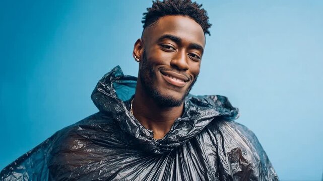 Young man wearing black plastic poncho smiling confidently against blue studio backdrop highlighting sustainable fashion concept creativity and bold contemporary styling
