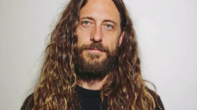 Portrait of long haired bearded man smiling gently against neutral background capturing natural authenticity warmth and relaxed contemporary masculinity