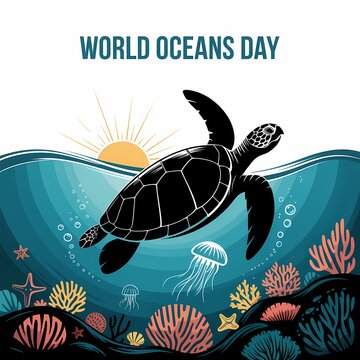 World Oceans Day marine scene with sea turtle coral reef jellyfish and underwater landscape