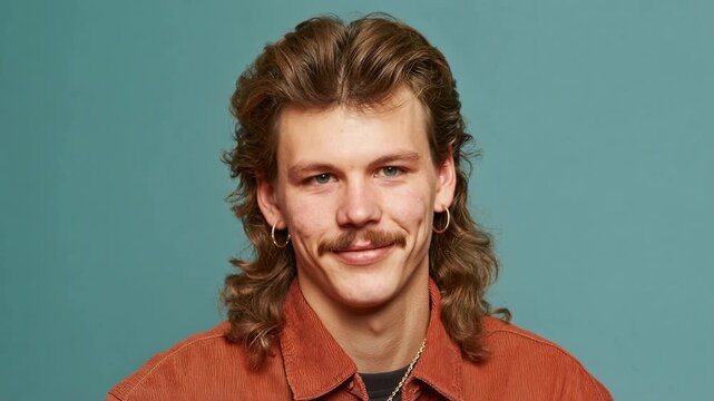 Retro inspired portrait of young man with mullet haircut smiling confidently against blue studio background evoking nostalgic fashion trends and individuality
