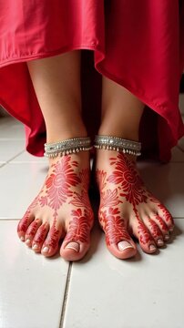 Static shot of a woman's feet decorated with traditional alta red dye and anklets standing on a white floor, ideal for Indian cultural beauty projects.