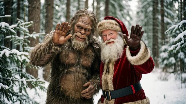 Festive winter portrait with Santa Claus and legendary Bigfoot waving to camera in snowy woodland symbolizing joy magic and seasonal cheer