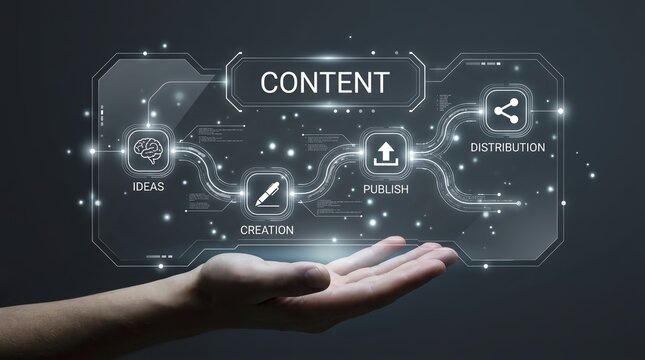 A hand holds a glowing digital content creation process with icons for ideas creation publish and distribution