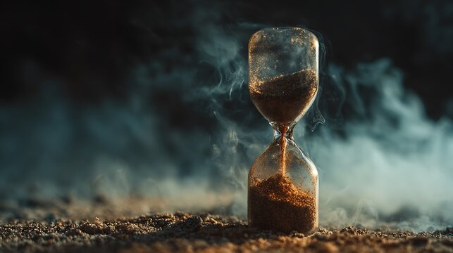 Hourglass with sand and smoke background.