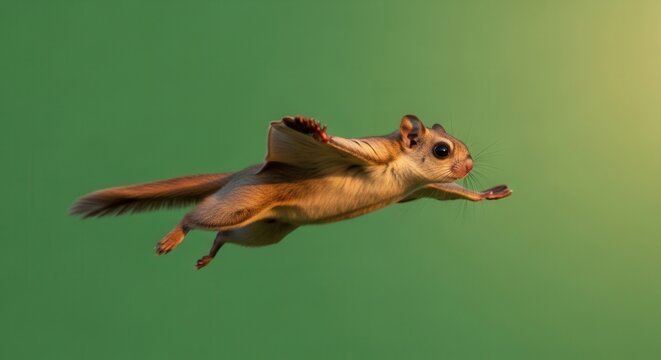 Dramatic Action Shot of Flying Squirrel in Mid-Air Against Green Background