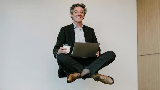 Focused professional sitting cross legged with laptop levitating concept illustrating creativity innovation flexibility remote work and modern digital freedom