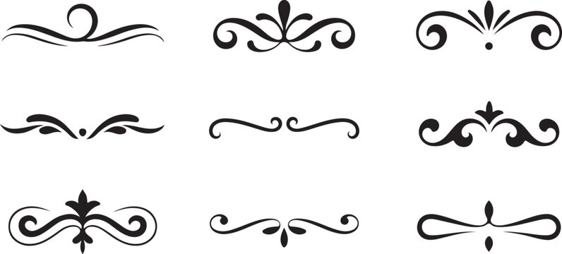 A collection of nine distinct black decorative text dividers and page separators on a clean white background