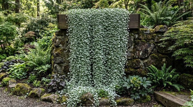 Silver Falls Dichondra: A dense, vertical curtain of tiny, kidney-shaped silver-green leaves, creating a shimmering, metallic plant "waterfall" texture.