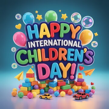 Happy International Childrens Day festive design with balloons stars bubbles paper airplanes toy blocks and toy cars