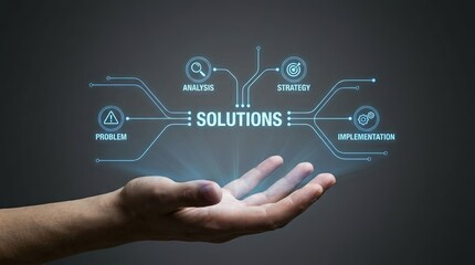 Naklejka premium A hand presenting a glowing blue solutions flowchart with problem analysis strategy and implementation icons on a dark background