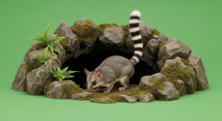 Fototapeta premium Cute Lemur Peeking Out of Rock Formation Cave with Green Background