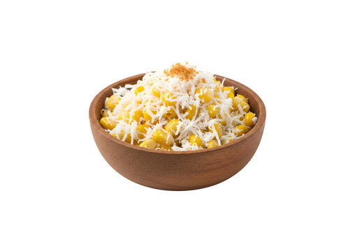 Asian dishes like urab jagung, which is sweet boiled corn with grated coconut, stand out against a white background.