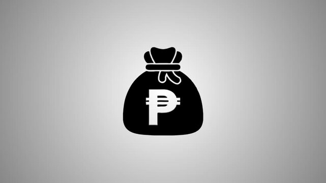 A motion graphic animation of a philippine peso money bag icon rotating and then stopping with a light glare on a gray background