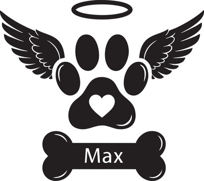 Black silhouette of a dog paw print with wings and a halo and a heart on a with a bone below