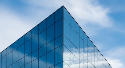 Obraz premium Modern Glass Skyscraper Corner Reflecting Blue Sky and Clouds, Contemporary Architecture Photography for Corporate Business and Urban Development