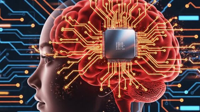 A human head with a microchip embedded in the brain surrounded by glowing orange circuits on a dark blue circuit board background with blue and orange lines