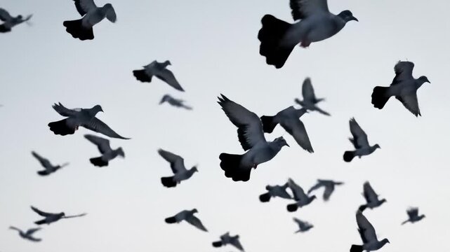 Flock of Pigeons Flying in the Sky, Dynamic Movement, Freedom and Nature