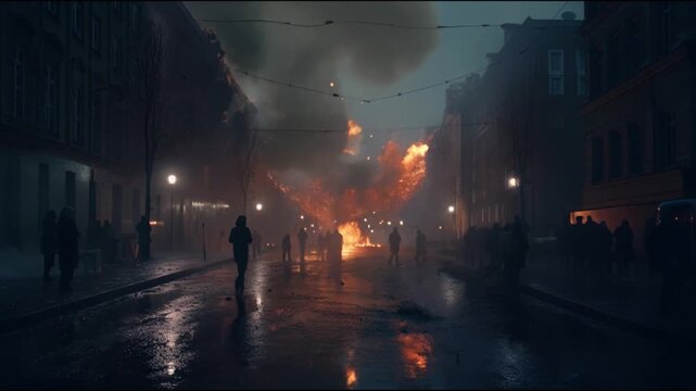 Night City Alarm: People Running, Protest, and Fire